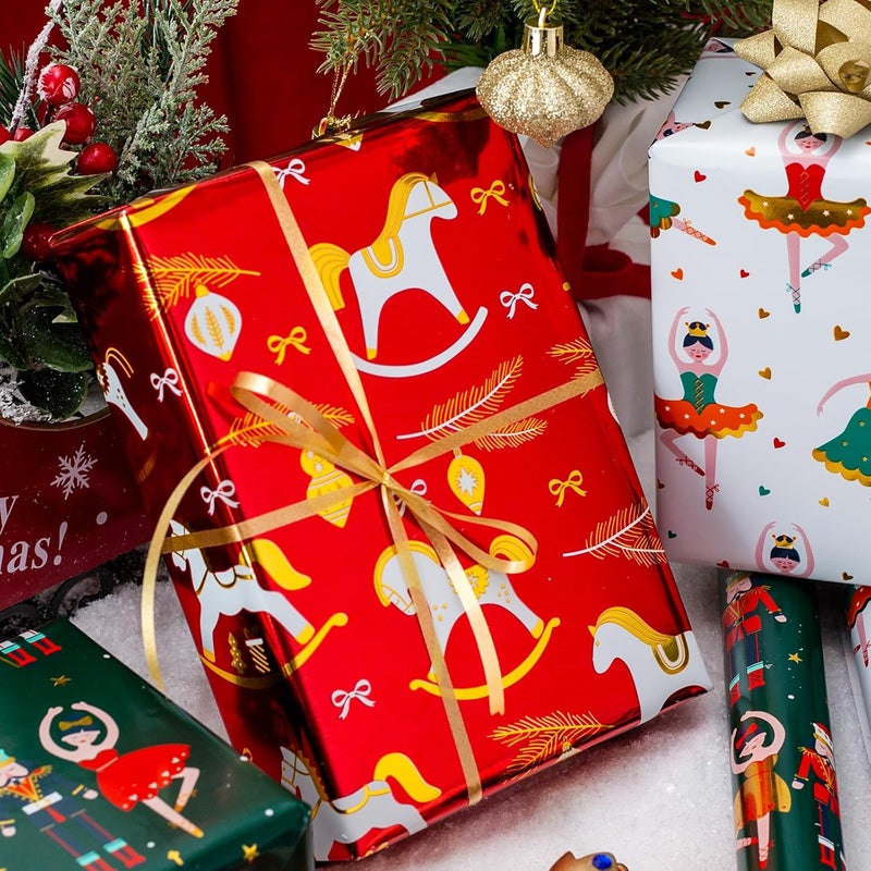 Yarcony Christmas Wrapping Paper Roll - 17In x 120In Per Roll - Metallic Foil Vintage Style Holiday Nutcracker, Red Rocking Horse, Christmas Ballet Present Gift Wrap Paper for Birthday, Baby Shower - Image 4